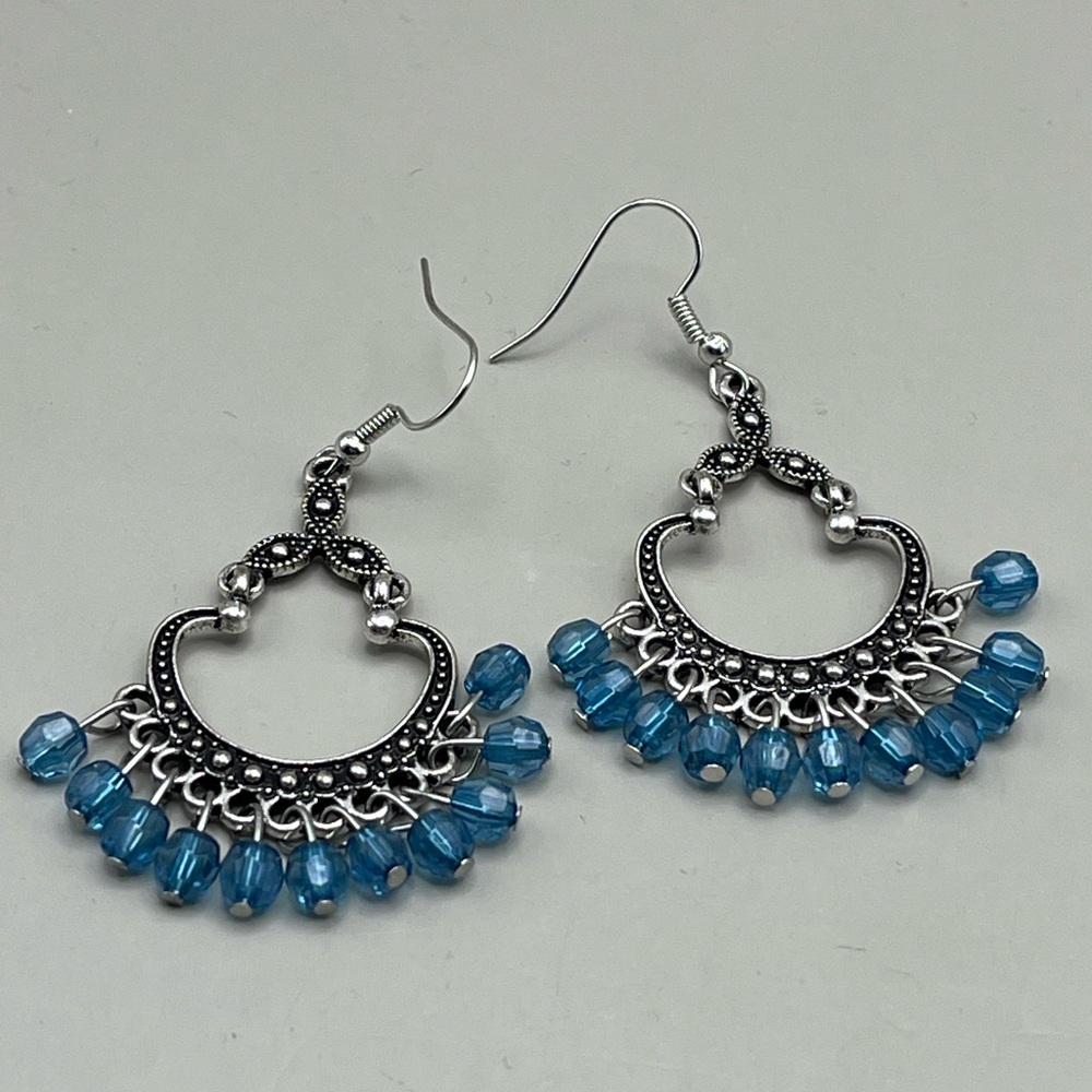 Elegant Silver toned and Blue Chandelier Earrings